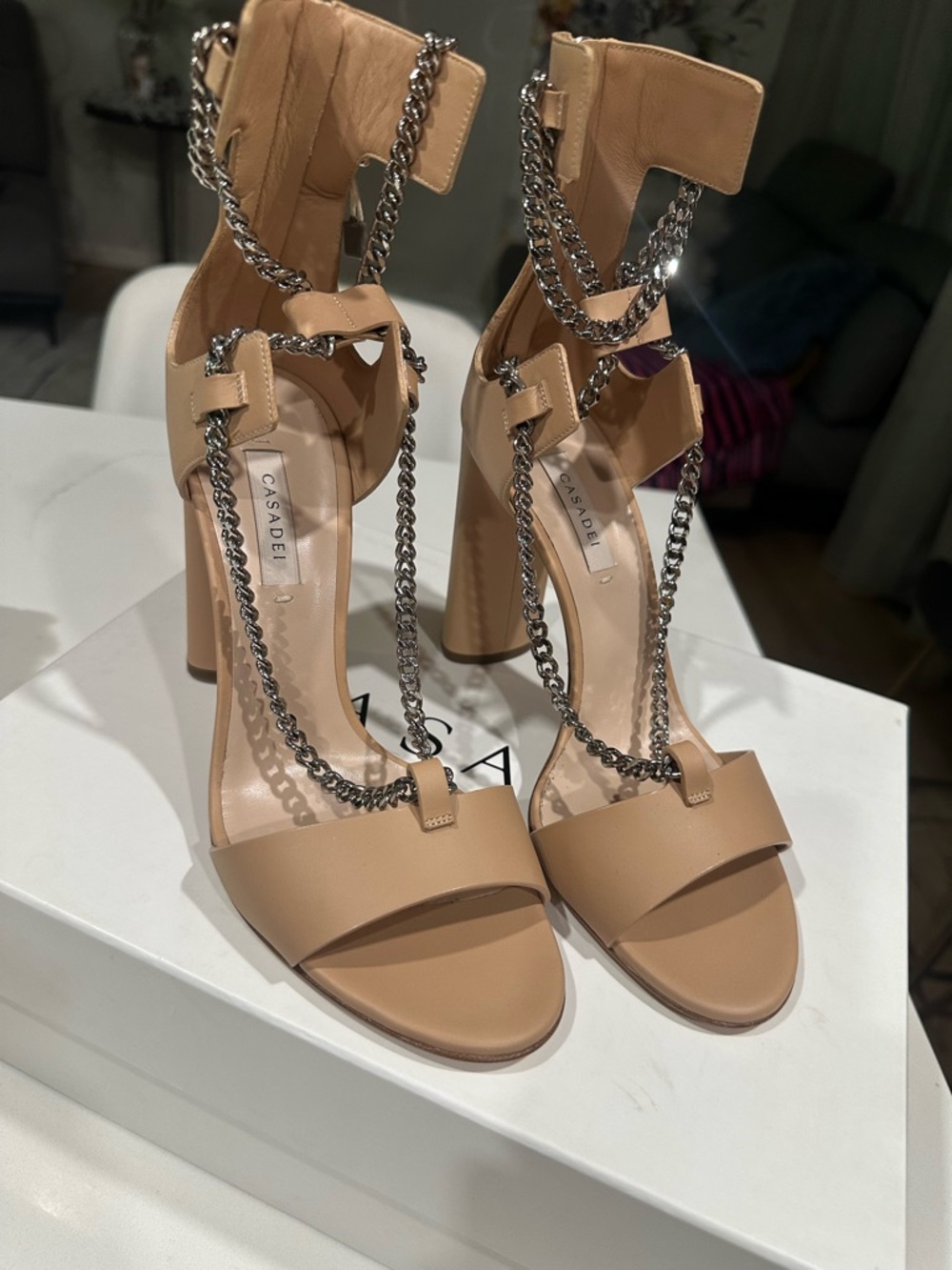 Casadei Nude Chain-Link High Heel Sandals, size 39.5